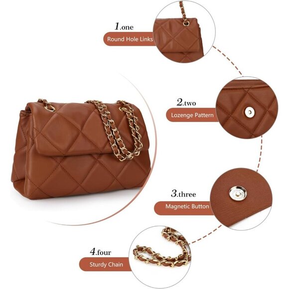 🆕 Women Brown Trendy Quilted Crossbody Purse Small Chain Clutch Shoulder Bags - Picture 4 of 6